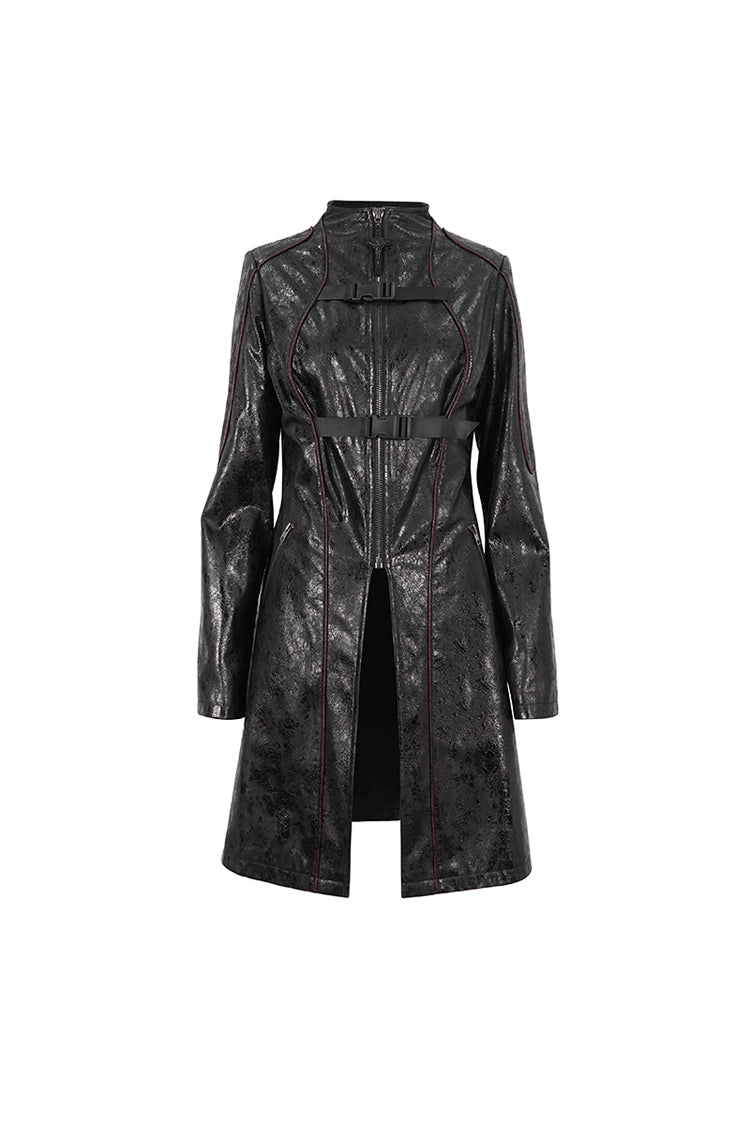 Black Double Buckle Faux Leather Long Women's Punk Coat