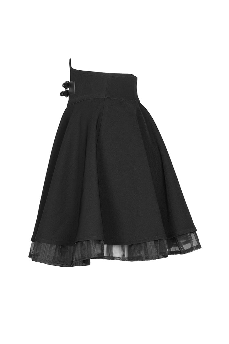 Black Front Metal Buckle Loops High Waist Splice Mesh Women's Punk Skirt