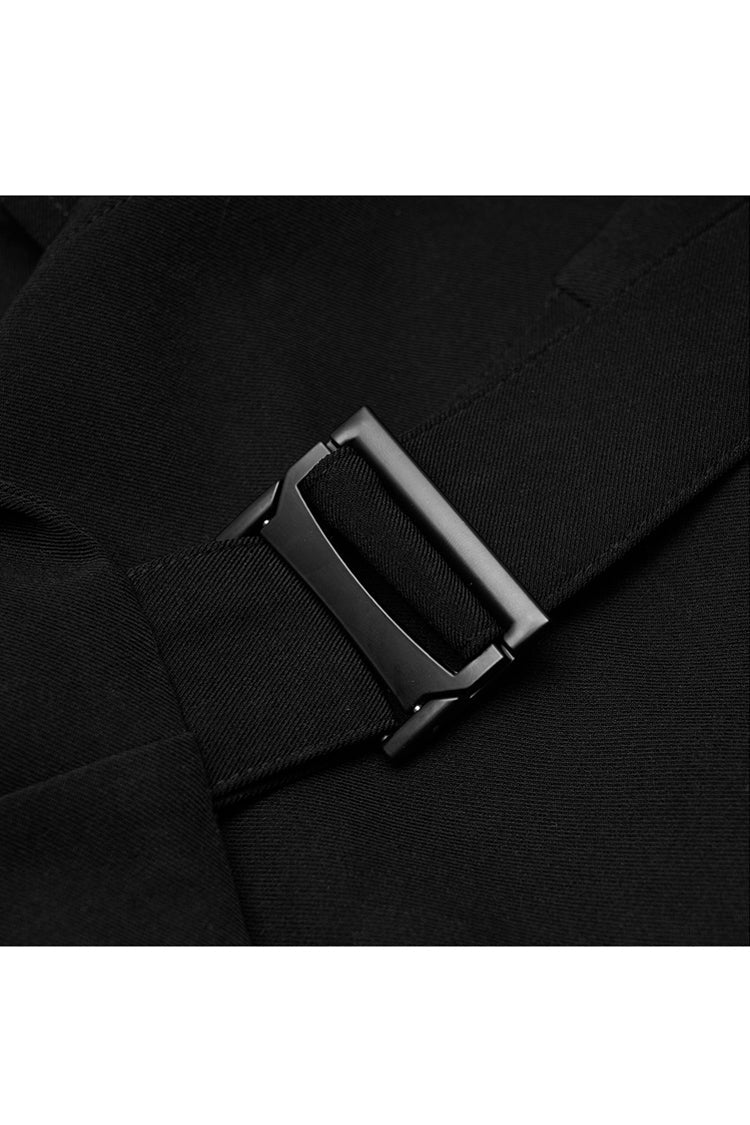 Black Lapel Metal Buckle Belt Collect Waist A-Shape Hem Women's Punk Dress