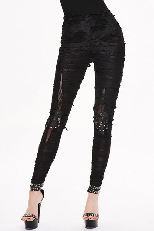 Black Leather Broken Holes Coated Knit Womens Pants