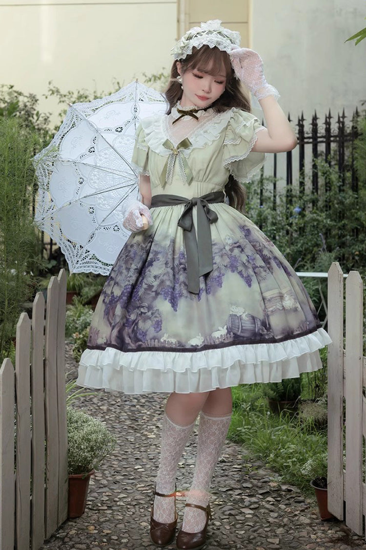 Süßes Lolita-Kleid im Prinzessinnen-Stil mit Rüschen und Schleife, mehreren Farben und kurzen Ärmeln, Weinberg-Print