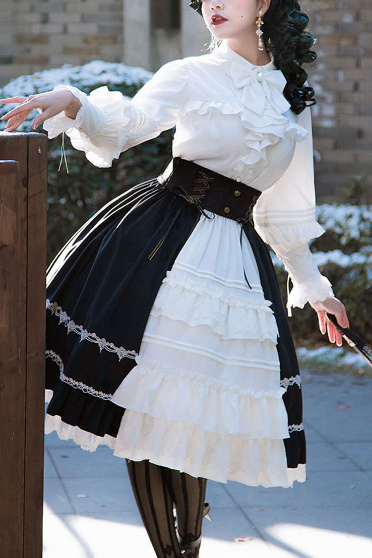 White/Black Stitching Cardigan Ruffled Multi-Layer Gothic Lolita Skirt ...