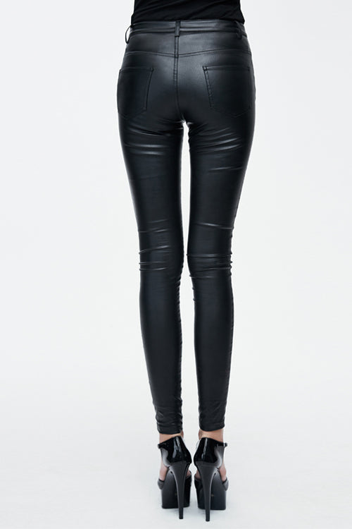 Black Simple Style Tight Leather Womens Pants