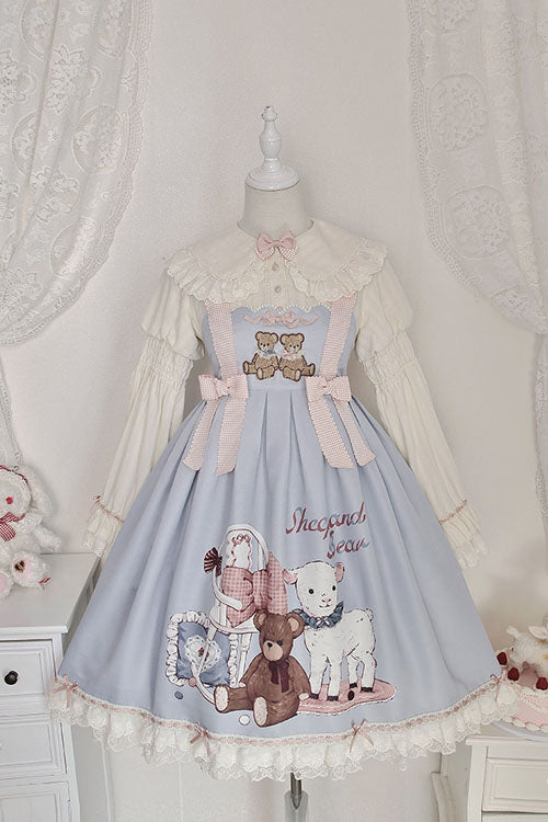 Süßes Lolita JSK Kleid mit Rüschen und blauem Schaf- und Bären-Print von Alice Girl mit Schleife