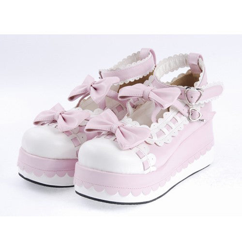 Pink Synthetic Leather Round Toe Ankle Straps Bow Decoration Platform Lolita Shoes