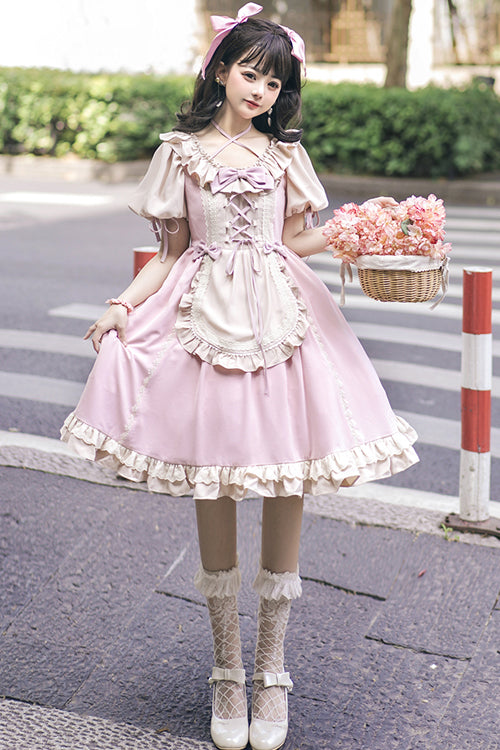 Round Collar Puff Doll Short Sleeves High Waist Bowknot Sweet Lolita Op Dress