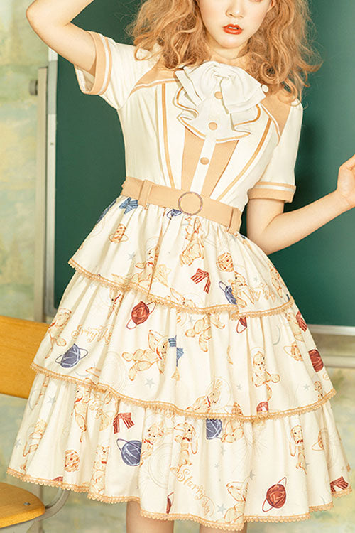 Multi-Color Bunny Astronaut Print Short Sleeves 3 layers Sweet Lolita OP Dress