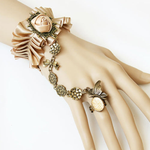 Champagne Vintage Lace Lolita Creative Bracelet Silk Rose Flower With Ring One Chain