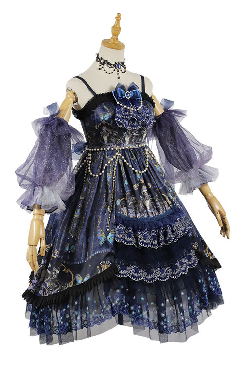 Blue Skull Print Hanayome Bowknot Pearl Chain Multi-Layer Ruffled Gothic Lolita JSK Tiered Dress