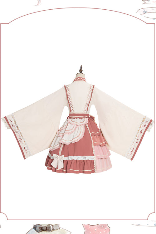 Beige/pinkes süßes Lolita OP-Kleid mit weiten Ärmeln, mehrlagigen Rüschen