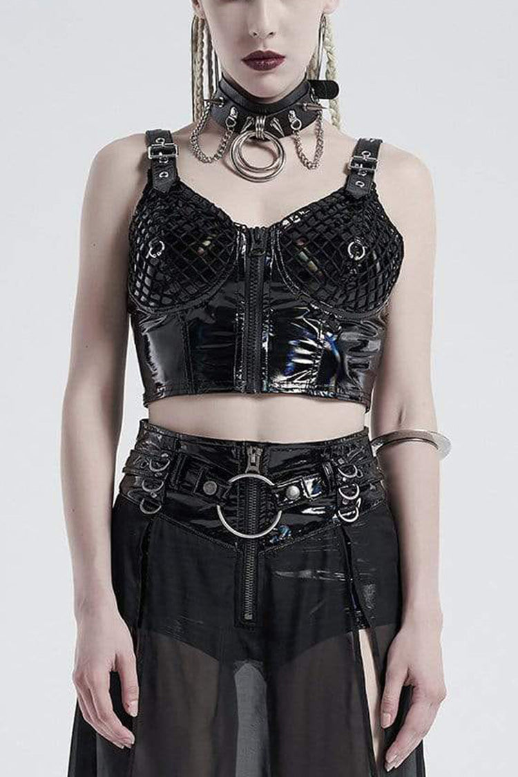 Black Knit Metal Buckle Shoulder Strap Splice Mesh Press Glue Women's Punk Vest