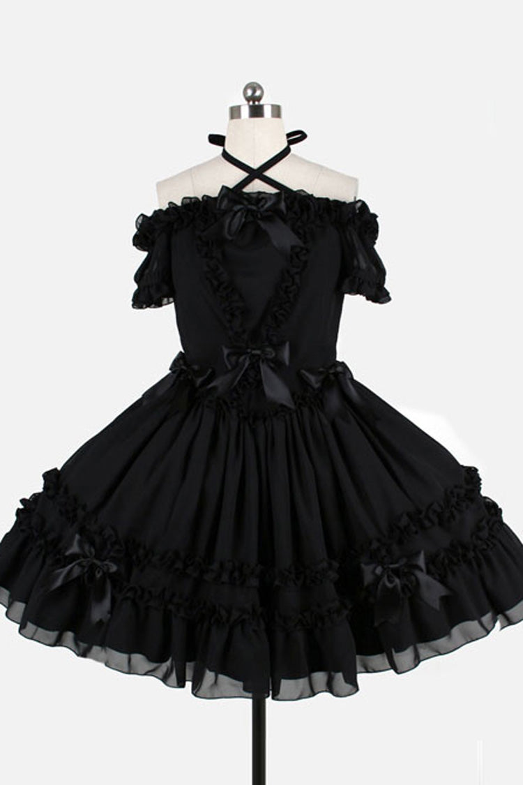 Klassisches Lolita-Kleid aus Chiffon mit Binderiemen und kurzen Ärmeln, U-Boot-Ausschnitt