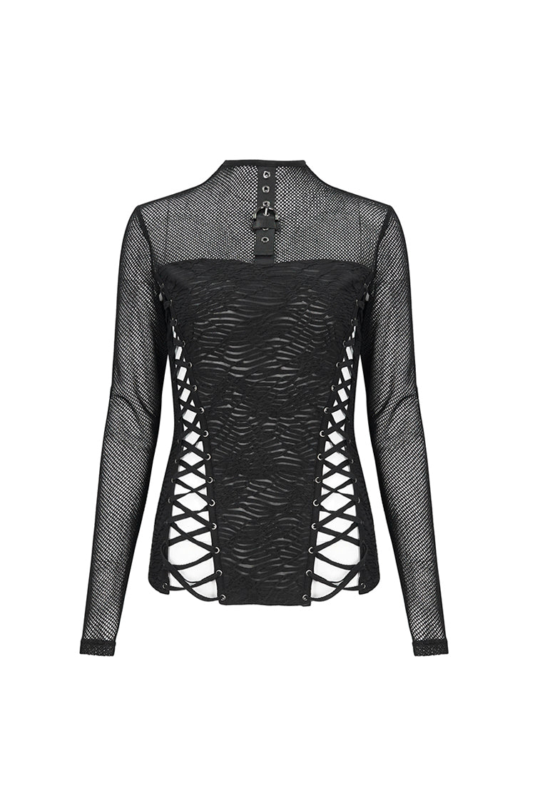 Black Strappy Mesh Splice Ruched Women's Punk Shirt