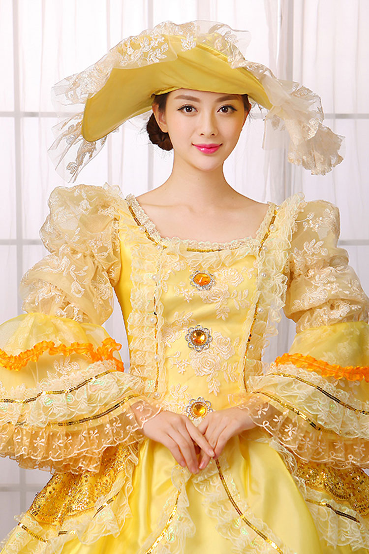 Yellow Hime Sleeves High Waisted Lace Stitching Gem Button Multi-Layer Victorian Lolita Prom Dress