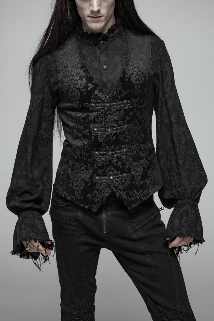 Black Retro Jacquard Front Woven Strap Metal Button Men's Gothic Vest