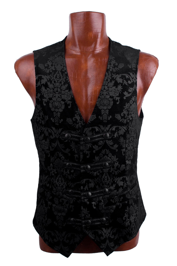 Black Retro Jacquard Front Woven Strap Metal Button Men's Gothic Vest