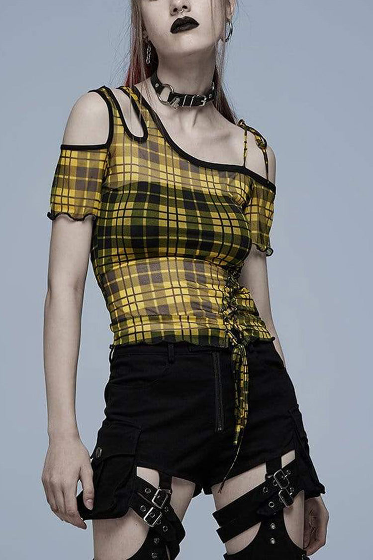 Asymmetrical Cutout Neckline Strap Design Plaid Mesh Women's Punk T-Shirt