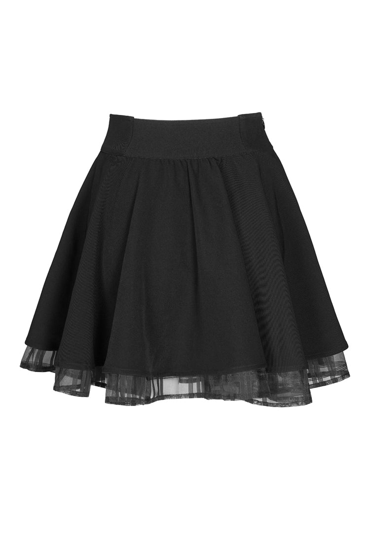 Black Front Metal Buckle Loops High Waist Splice Mesh Women's Punk Skirt