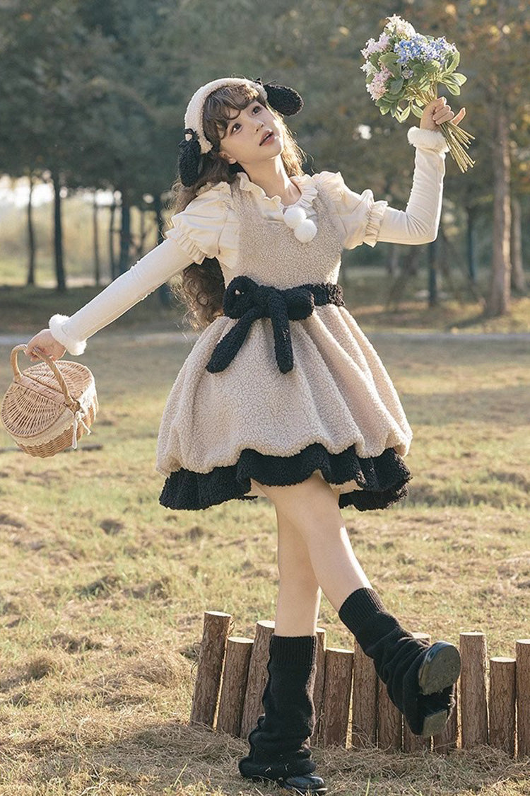 Elfenbeinfarbenes süßes Ollie-das-Schaf-Herbst-Winter-Lolita-JSK-Kleid