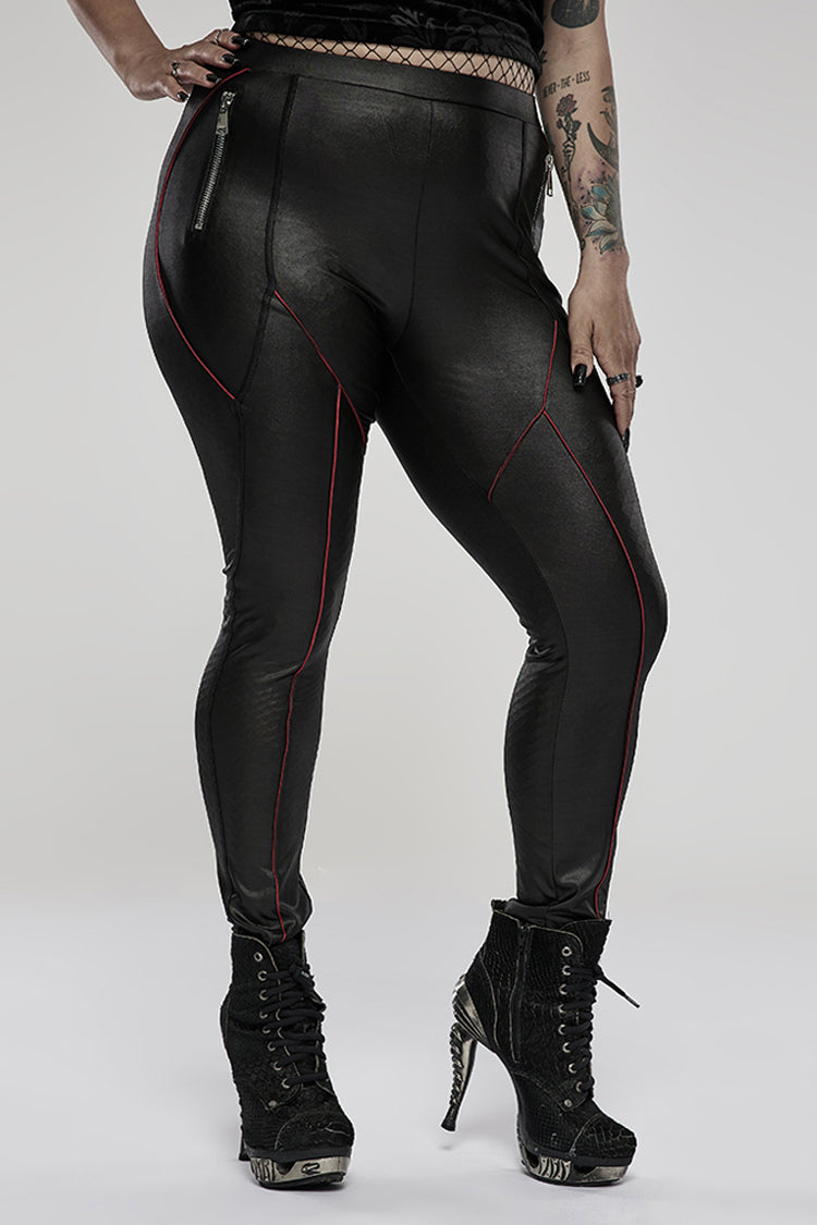 Red/Black Slim Side Zipper Elastic Fashion Hip-Lifting Thin Punk Women's Leggings