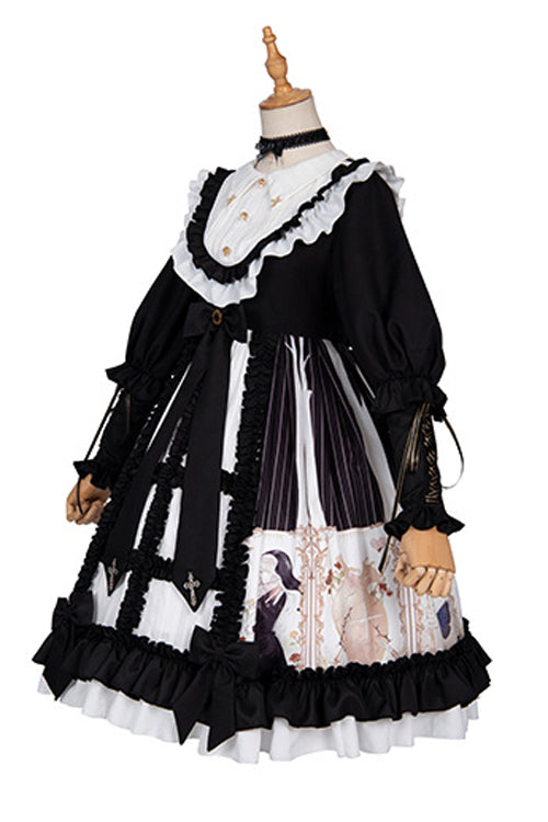 Schwarzes Gothic Lolita OP-Kleid mit Puppenkragen und langen Ärmeln, gerüschtem Hymnen-Print