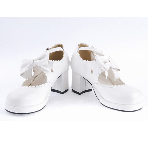 White PU Round Toe Ankle Straps Bow Decoration Platform Sweet Lolita Shoes