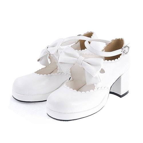 White PU Round Toe Ankle Straps Bow Decoration Platform Sweet Lolita Shoes