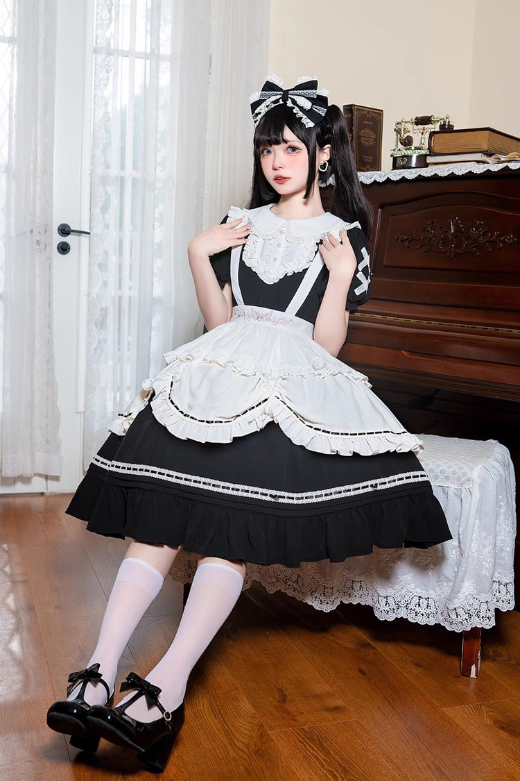 Black Lapel Collar Short Sleeves Ruffle Bowknot Maid Gothic Lolita ...