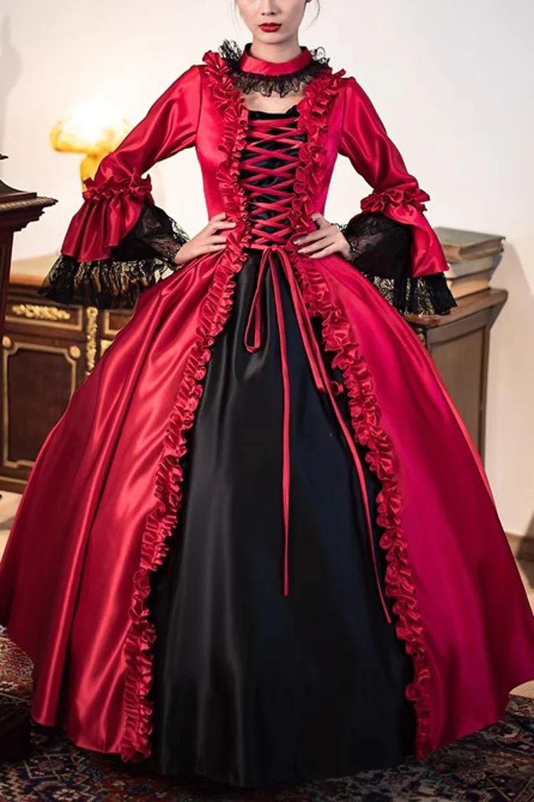 Weinrotes, bedrucktes, mittelalterliches, höfisches Rokoko-, Gothic- und viktorianisches Lolita-Langkleid