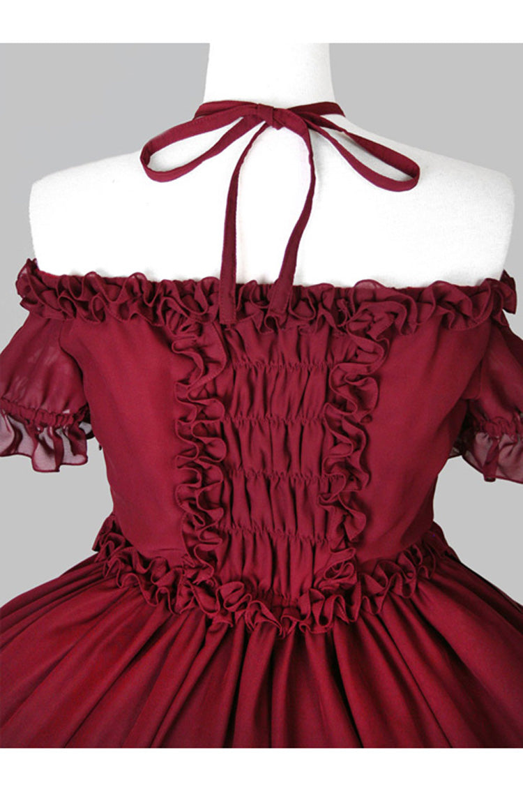 Klassisches Lolita-Kleid aus Chiffon mit Binderiemen und kurzen Ärmeln, U-Boot-Ausschnitt