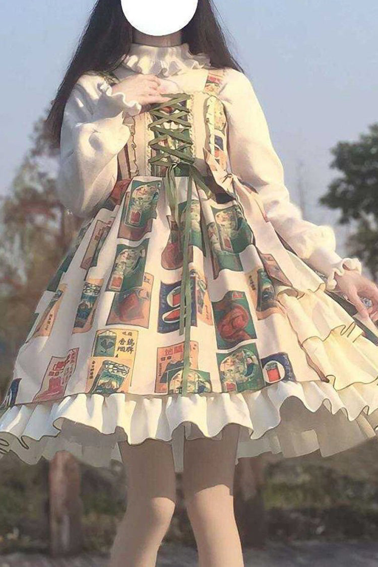 Aprikosenfarbenes süßes Lolita JSK-Kleid mit Schleife und Logo-Print