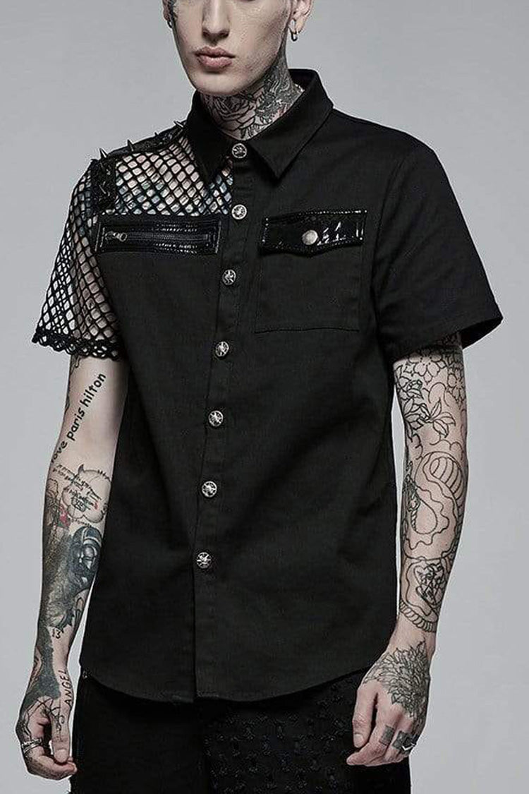 Black Punk Elastic Cotton Twill Fabric Spliced Diamond Mesh Asymmetrical Personality Short Sleeve Men's Shirt