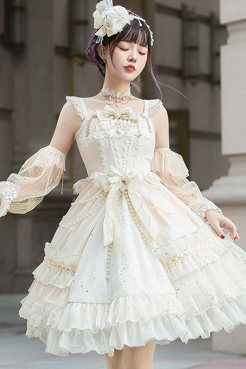 White Starry Night Square Collar Bowknot Multi-Layer Ruffled Cardigan Sweet Lolita JSK Dress