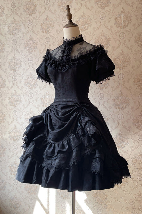 Dark Black High Waisted Ruffled Hanayome Gothic Lolita Dress