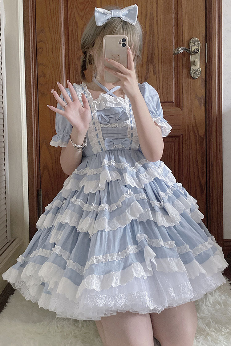 Blue Halter Lantern Short Sleeves Stitching Lace Ruffled Hanayome Sweet Lolita Op Tiered Dress